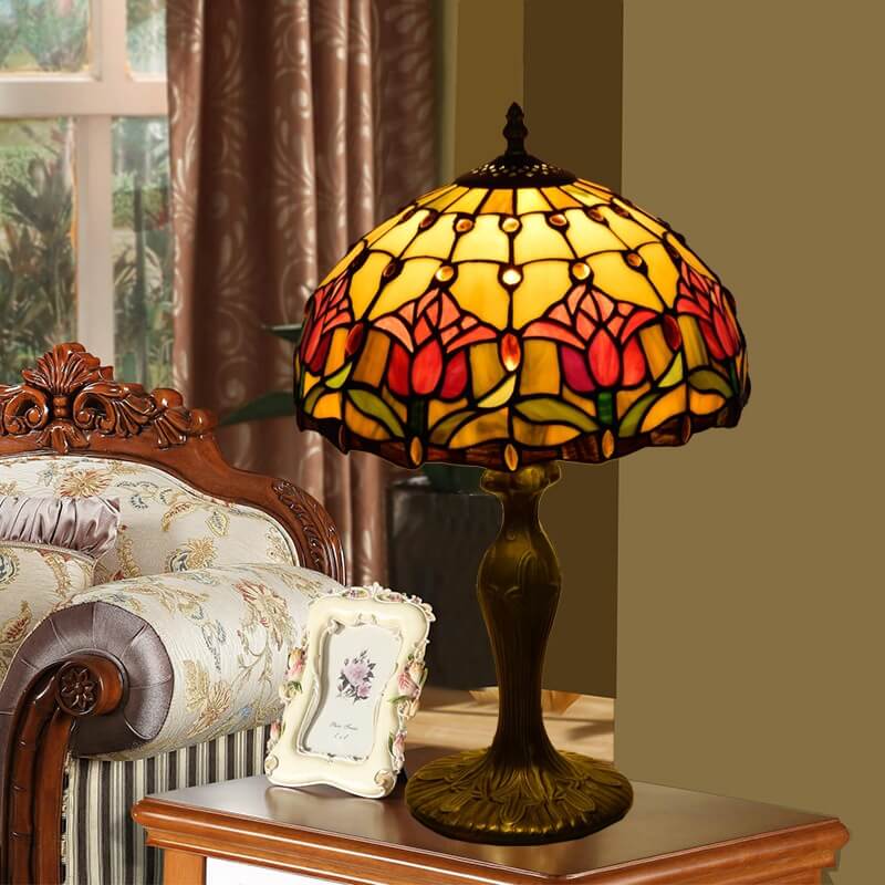 Lámpara de Mesa de Vidrio Tiffany Estilo Tulipán Rojo con 1 Luz 
