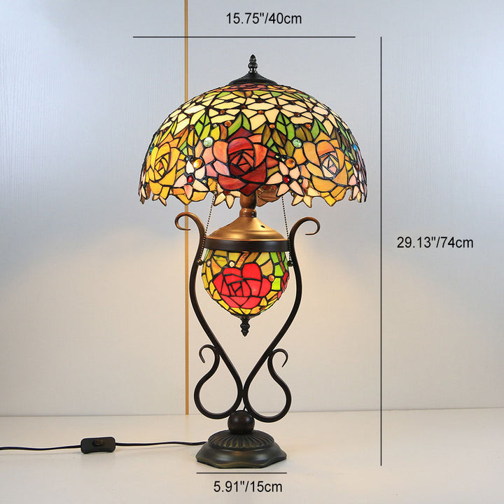 Traditional Tiffany Floral Stained Glass Iron Resin Round Pot 3-Light Table Lamp For Bedroom