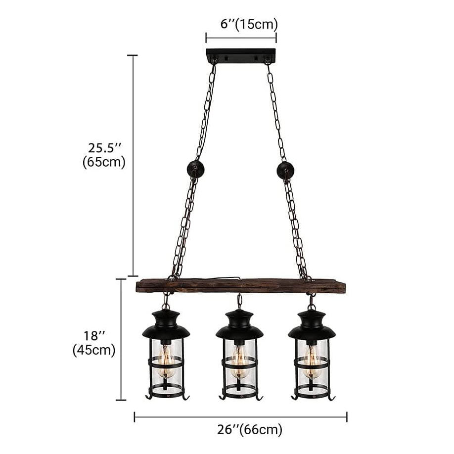 Industrielle Holz 3-Licht Metallkäfig-Laternen-Kronleuchter 