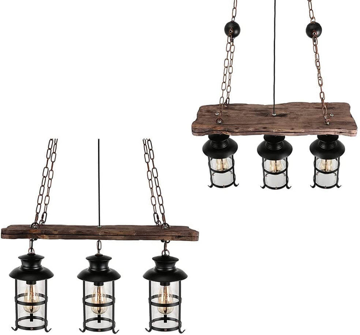 Industrielle Holz 3-Licht Metallkäfig-Laternen-Kronleuchter 