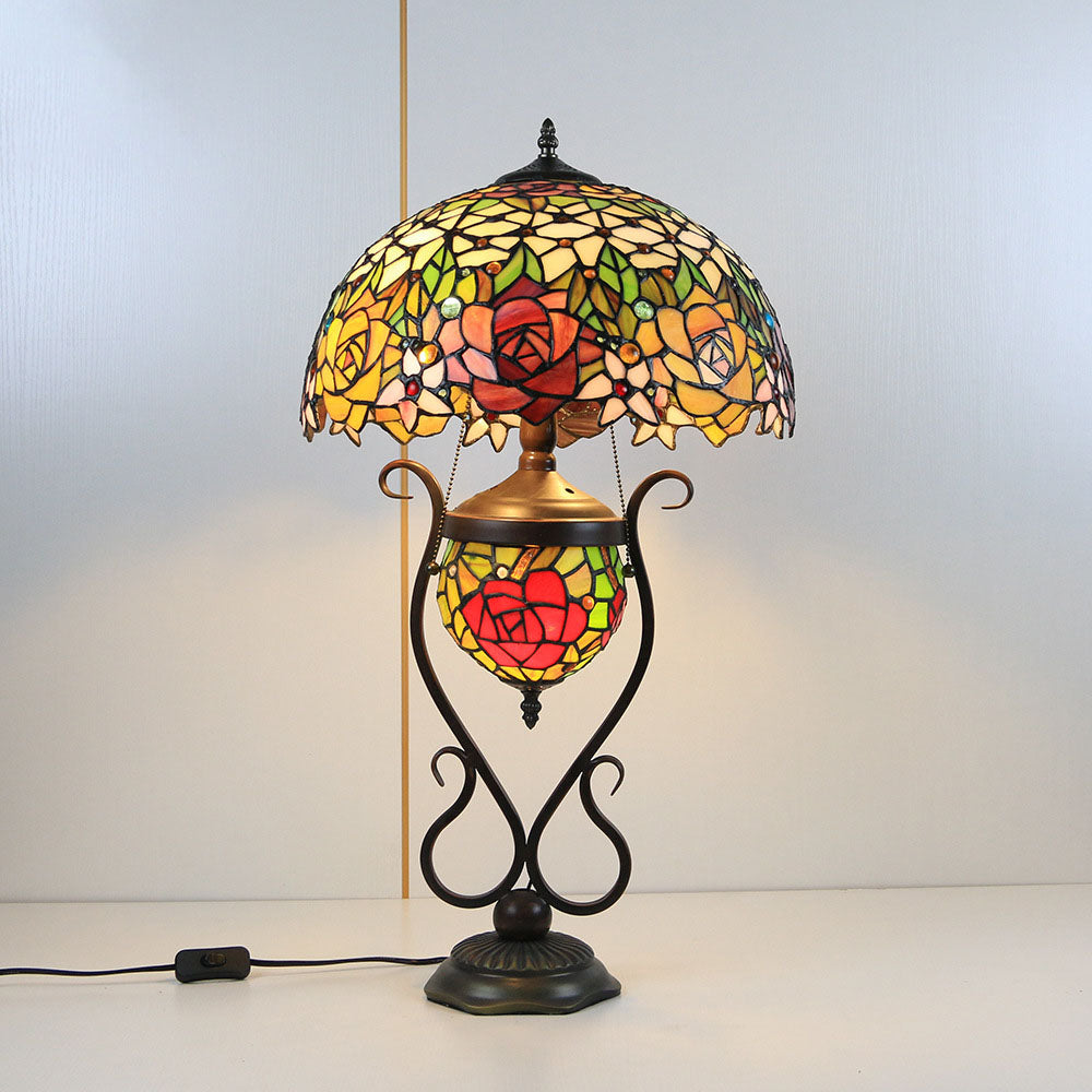 Traditional Tiffany Floral Stained Glass Iron Resin Round Pot 3-Light Table Lamp For Bedroom