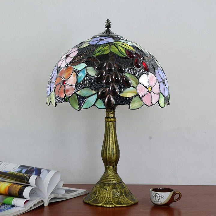 Lampe de table à 1 lumière en forme de fleur de raisin en vitrail Tiffany 