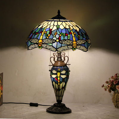 Europäische Tiffany-Tischlampe mit sechseckiger Kuppel und Zugschnur, 2-flammig 