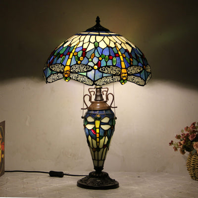 Lampe de table européenne à 2 lumières en forme de dôme hexagonal en vitrail Tiffany 