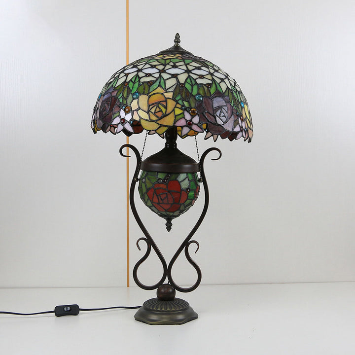 Traditional Tiffany Floral Stained Glass Iron Resin Round Pot 3-Light Table Lamp For Bedroom