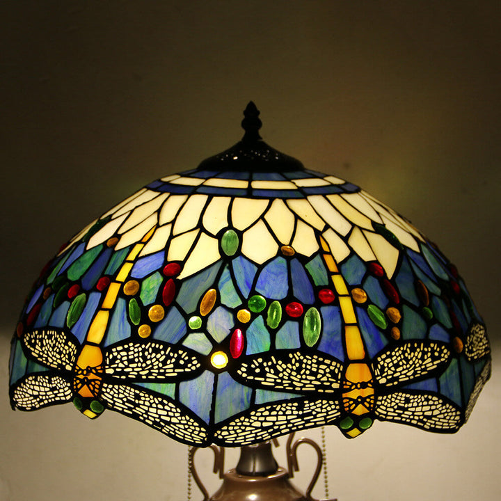 European Tiffany Stained Glass Hexagonal Dome Pull Cord 2-Light Table Lamp
