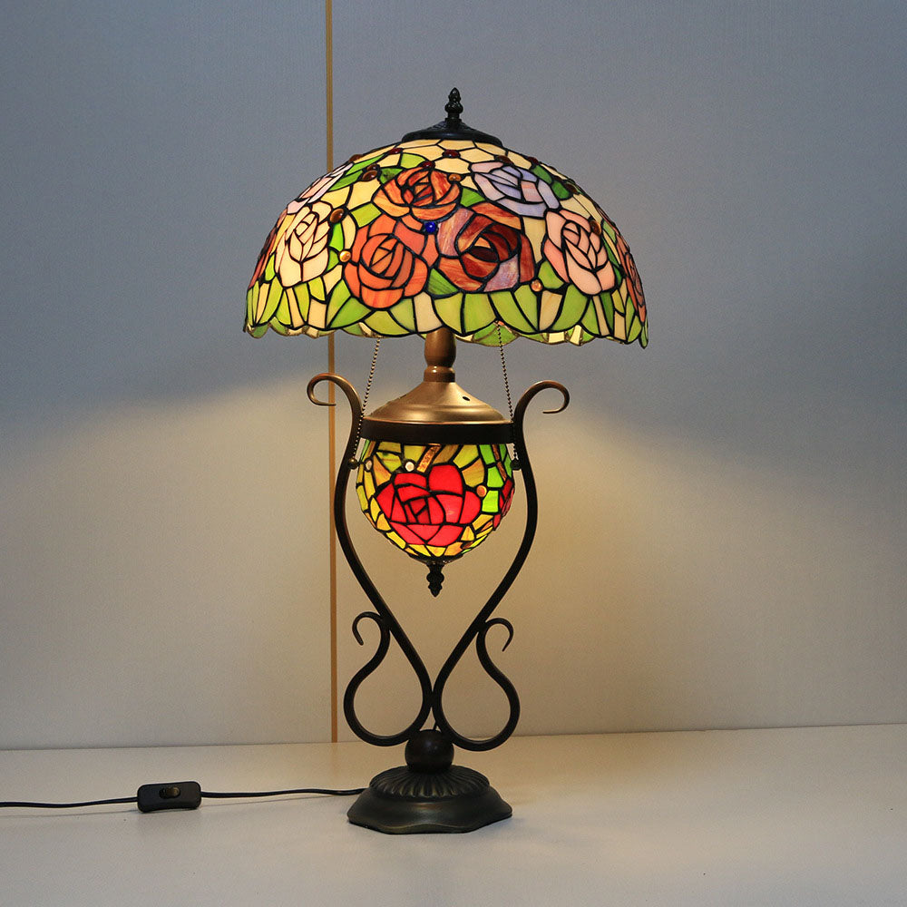 Traditional Tiffany Floral Stained Glass Iron Resin Round Pot 3-Light Table Lamp For Bedroom