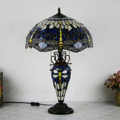 Lampe de table européenne à 2 lumières en forme de dôme hexagonal en vitrail Tiffany 