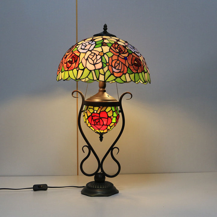 Traditional Tiffany Floral Stained Glass Iron Resin Round Pot 3-Light Table Lamp For Bedroom