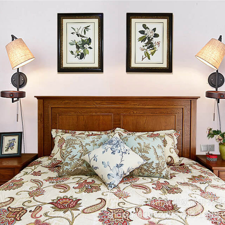 Nordic Light Luxury Solid Wood Wrought Iron Fabric 1-Light Wall Sconce Lamp
