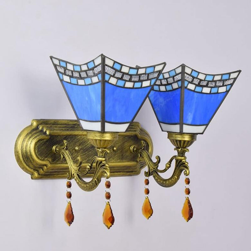 European Creative Tiffany Blue Glass Crystal 2-Light Wall Sconce Lamp