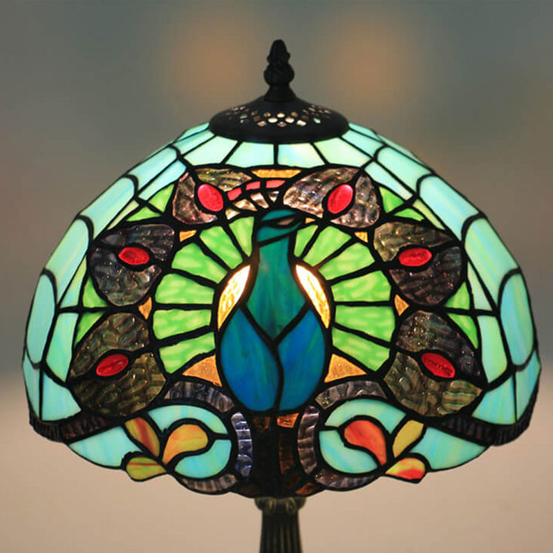 European Tiffany Green Peacock Stained Glass 1-Light Table Lamp