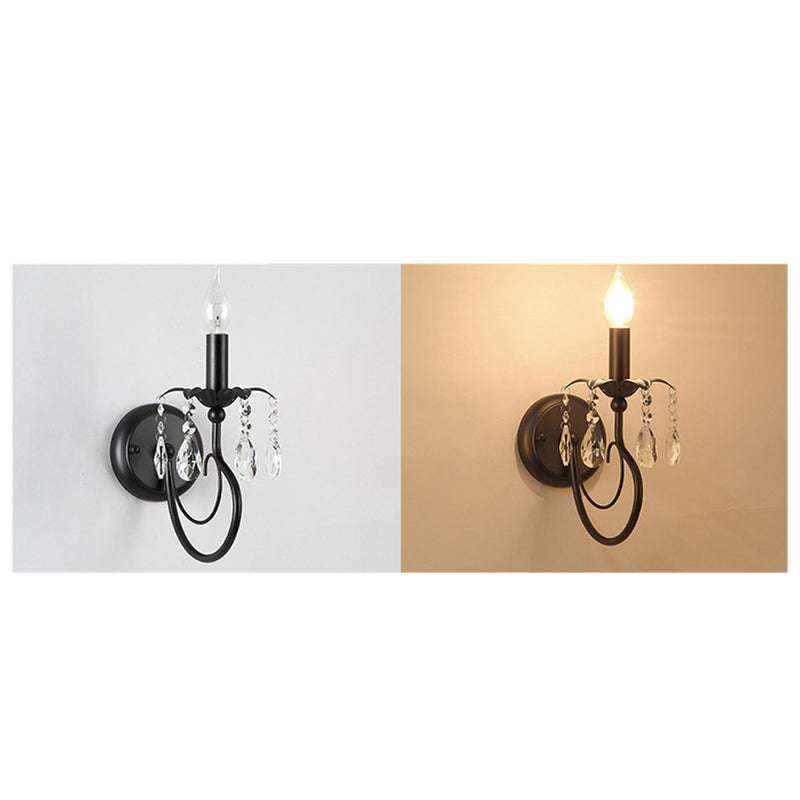 European Rustic Vintage Wrought Iron Crystal 1-Light Wall Sconce Lamp