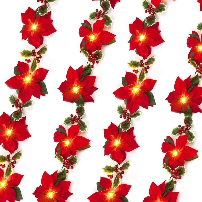 Guirlande lumineuse LED fleur rouge de Noël en faux velours avec fruits 