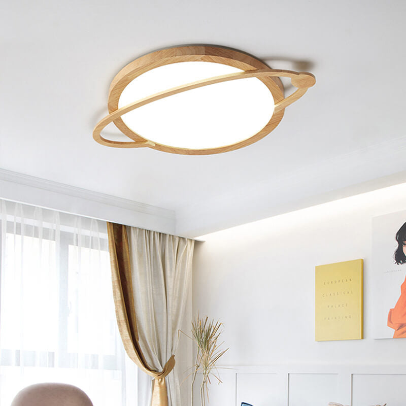 Modern Wooden Acrylic Shade Planet Design LED Flush Mount Light