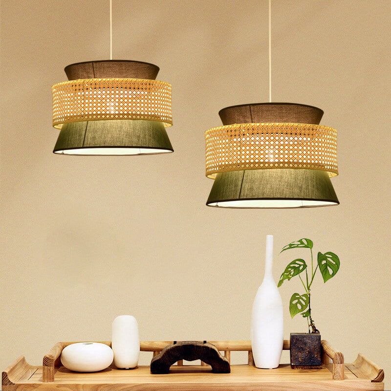Suspension Luminaire Moderne en Rotin Japonais en Forme de Tambour à 1 Lumière 