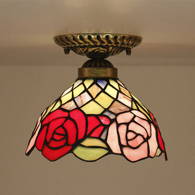 Vintage Tiffany Rose Stained Glass 1-Light Bowl Semi-Flush Mount Ceiling Light