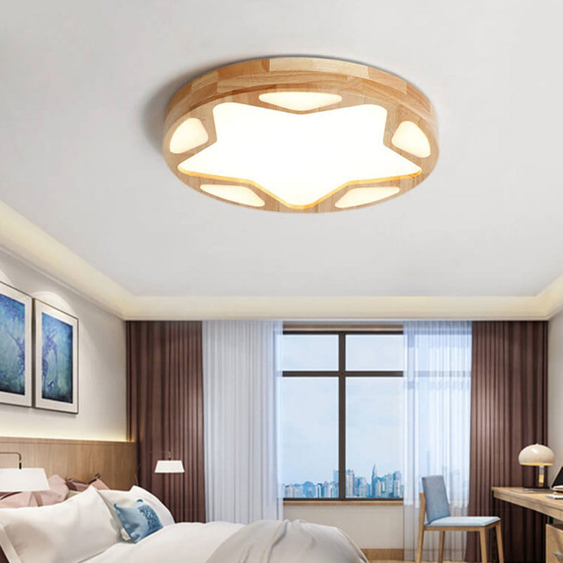 Japanese Minimalist Wood Round Star Pattern LED Flush Mount Ceiling Light