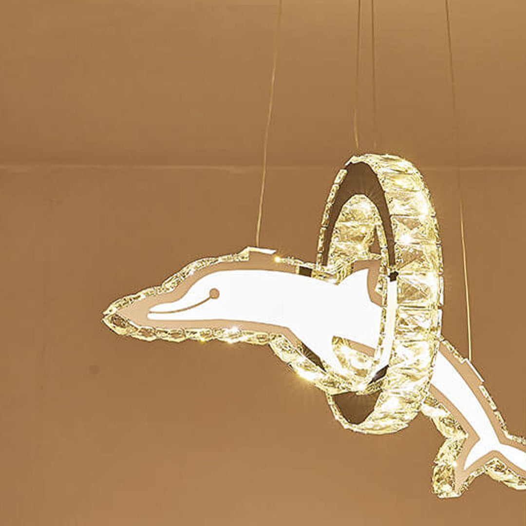 Moderner luxuriöser LED-Kronleuchter aus Kristall und Edelstahl im Delfin-Design für das Wohnzimmer 