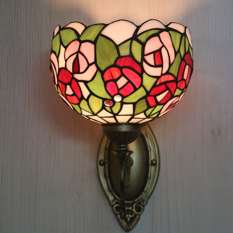 Tiffany Pink Rose Stained Glass Bowl 1-Light Wall Sconce Lamp