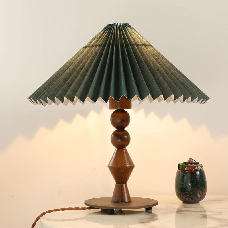 Vintage Dark Green Pleated Solid Wood Base 1-Light Table Lamp
