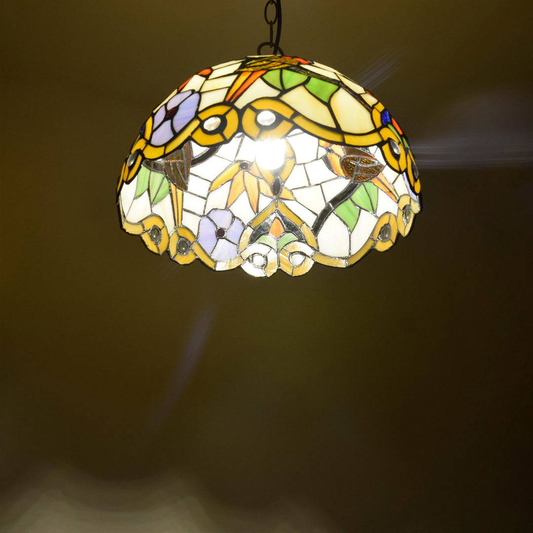 Tiffany Magpie Flower Stained Glass Dome 1-Light Pendant Light