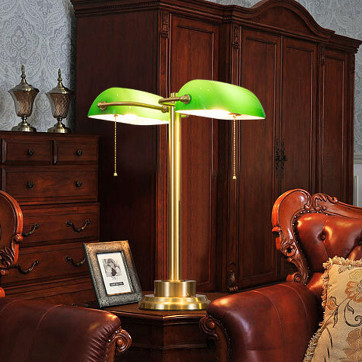 Lampe de table vintage en laiton vert à 2 lumières avec cordon de tirage et toucher 