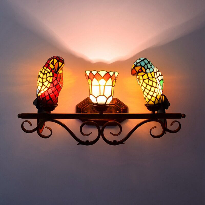 Traditional Tiffany European Retro Parrot Decorative 3-Light Wall Sconce Lamp