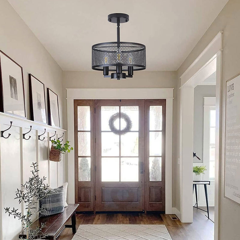 Industrial Black Round Wrought Iron 3-Light Chandelier