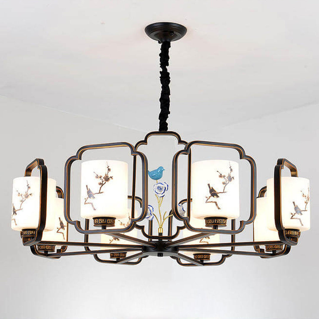 Moderne chinesische Keramiken Vogel Blume Glasschirm 6/8/10 Licht Kronleuchter 