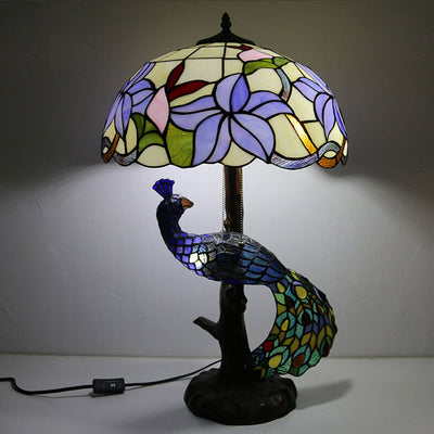 Tiffany Classical Flower Stained Glass Peacock Base 3-Light Table Lamp