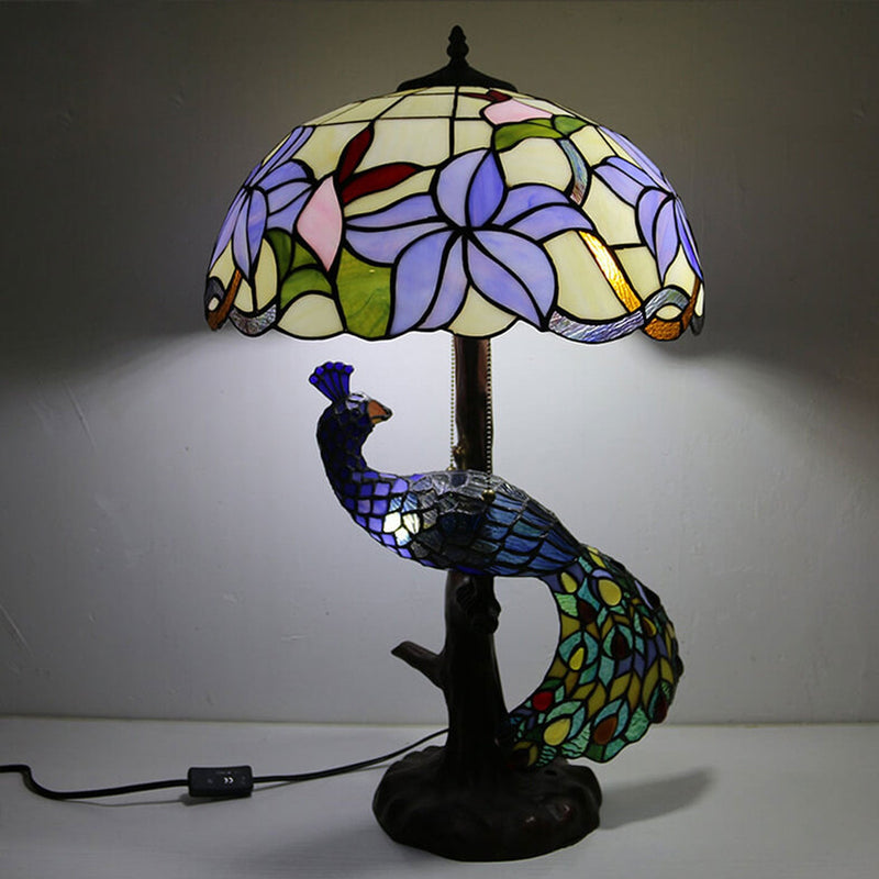 Tiffany Classical Flower Stained Glass Peacock Base 3-Light Table Lamp