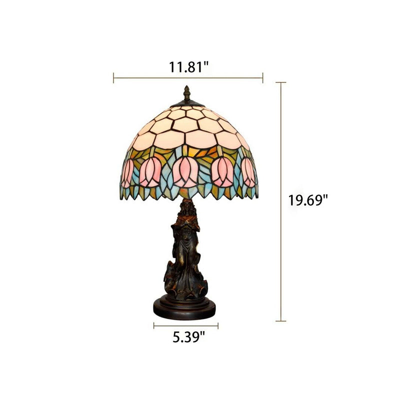 Vintage Tiffany Tulip Stained Glass Angel Base 1-Light Table Lamp