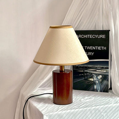 Vintage Pleated Cone Fabric Wooden Column 1-Light Table Lamp