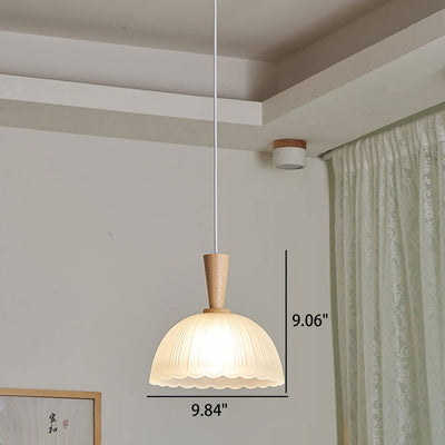 Modern Minimalist Textured Dome Glass Wood  Handle 1-Light Pendant Light