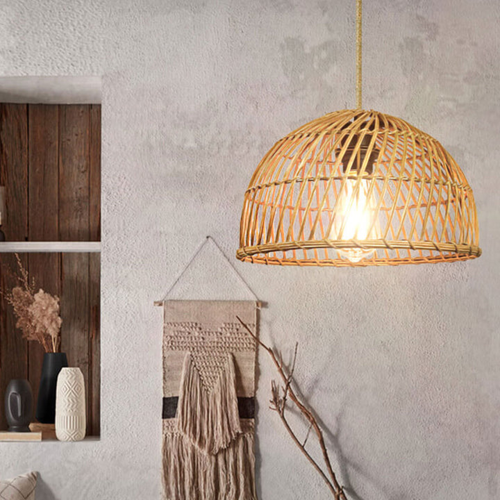 Suspension Luminaire à 1 Lumière en Rotin Vintage Tressé en Dôme 