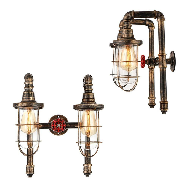 Industrial Metal Cage 2-Light Pipes Wall Sconce Lamp