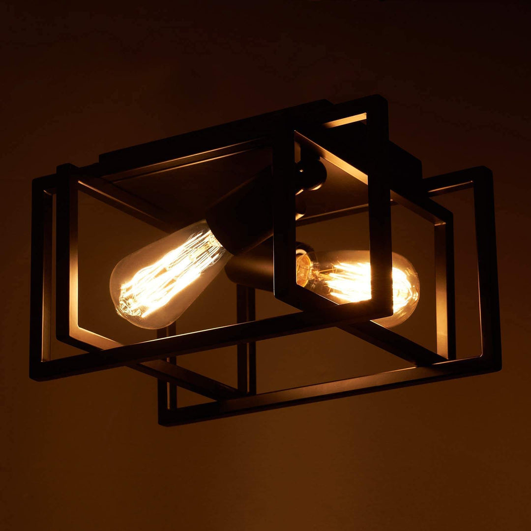 Industrial 2-Light Open Geometric Frame Flush Mount Lighting