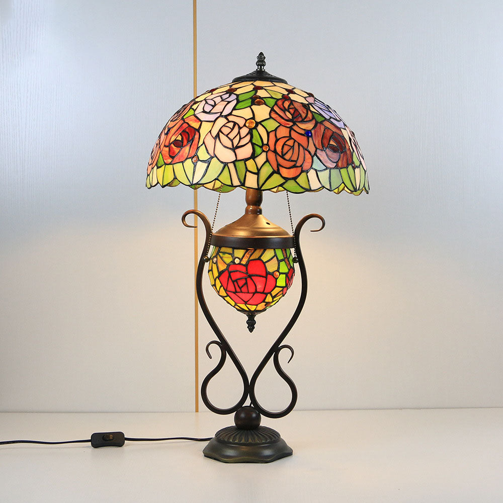 Traditional Tiffany Floral Stained Glass Iron Resin Round Pot 3-Light Table Lamp For Bedroom