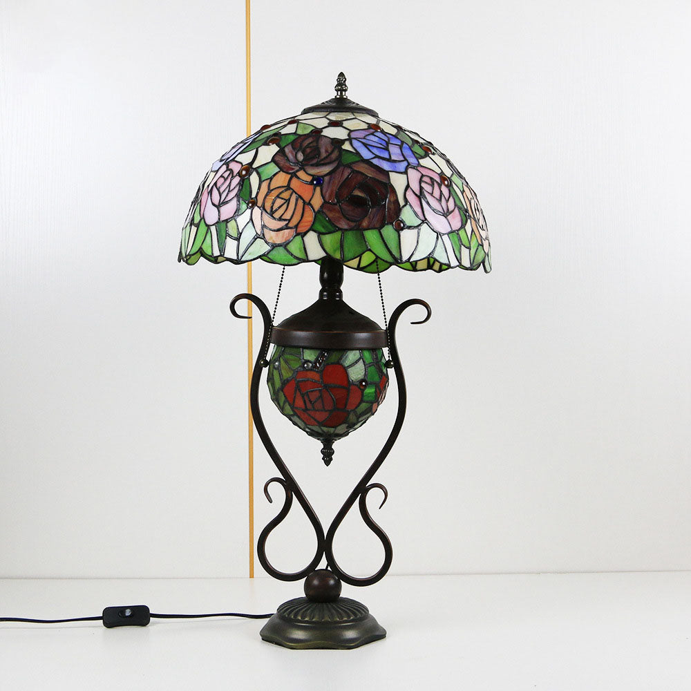 Traditional Tiffany Floral Stained Glass Iron Resin Round Pot 3-Light Table Lamp For Bedroom