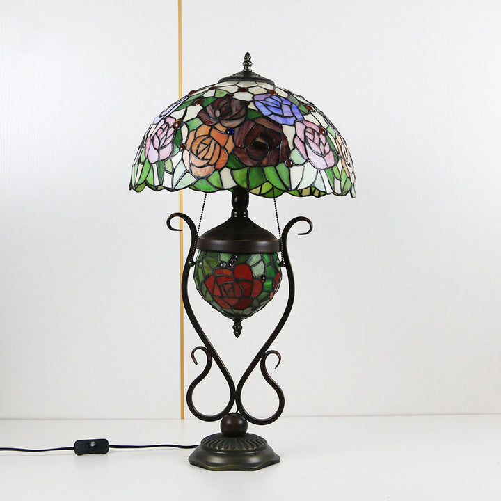 Traditional Tiffany Floral Stained Glass Iron Resin Round Pot 3-Light Table Lamp For Bedroom