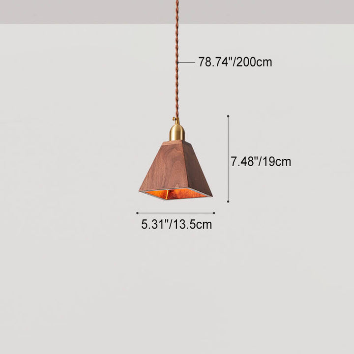 Traditional Vintage Ash Wood Walnut Geometric Round Cone Brass 1-Light Pendant Light for Living Room