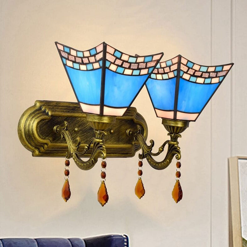 European Creative Tiffany Blue Glass Crystal 2-Light Wall Sconce Lamp
