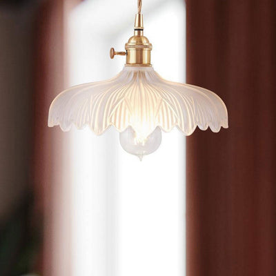 Nordic Carved Glass Petal Brass Dome 1-Light Pendant Light