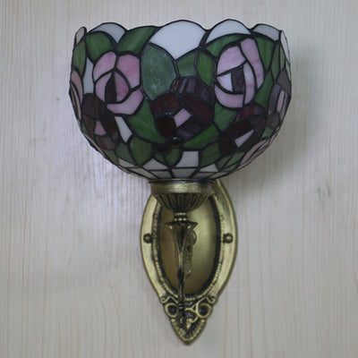 Tiffany Pink Rose Stained Glass Bowl 1-Light Wall Sconce Lamp