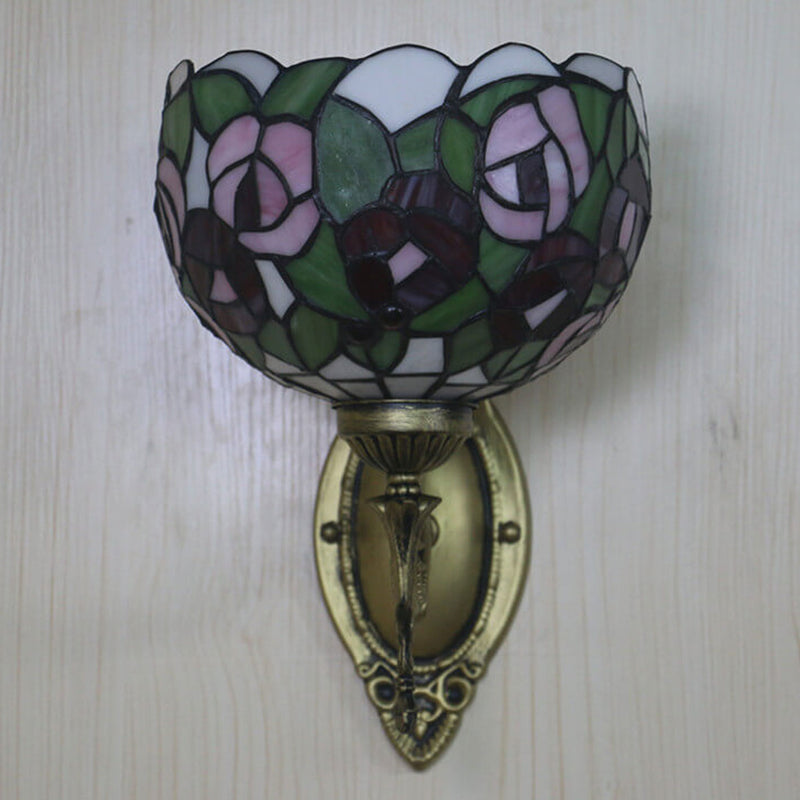 Tiffany Pink Rose Stained Glass Bowl 1-Light Wall Sconce Lamp