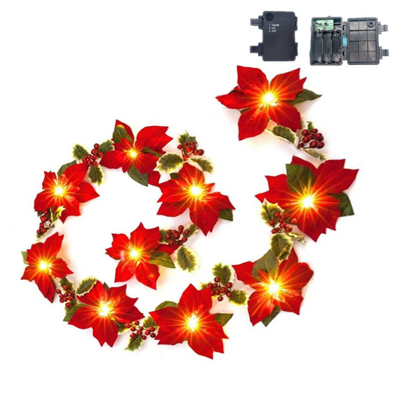 Guirlande lumineuse LED fleur rouge de Noël en faux velours avec fruits 