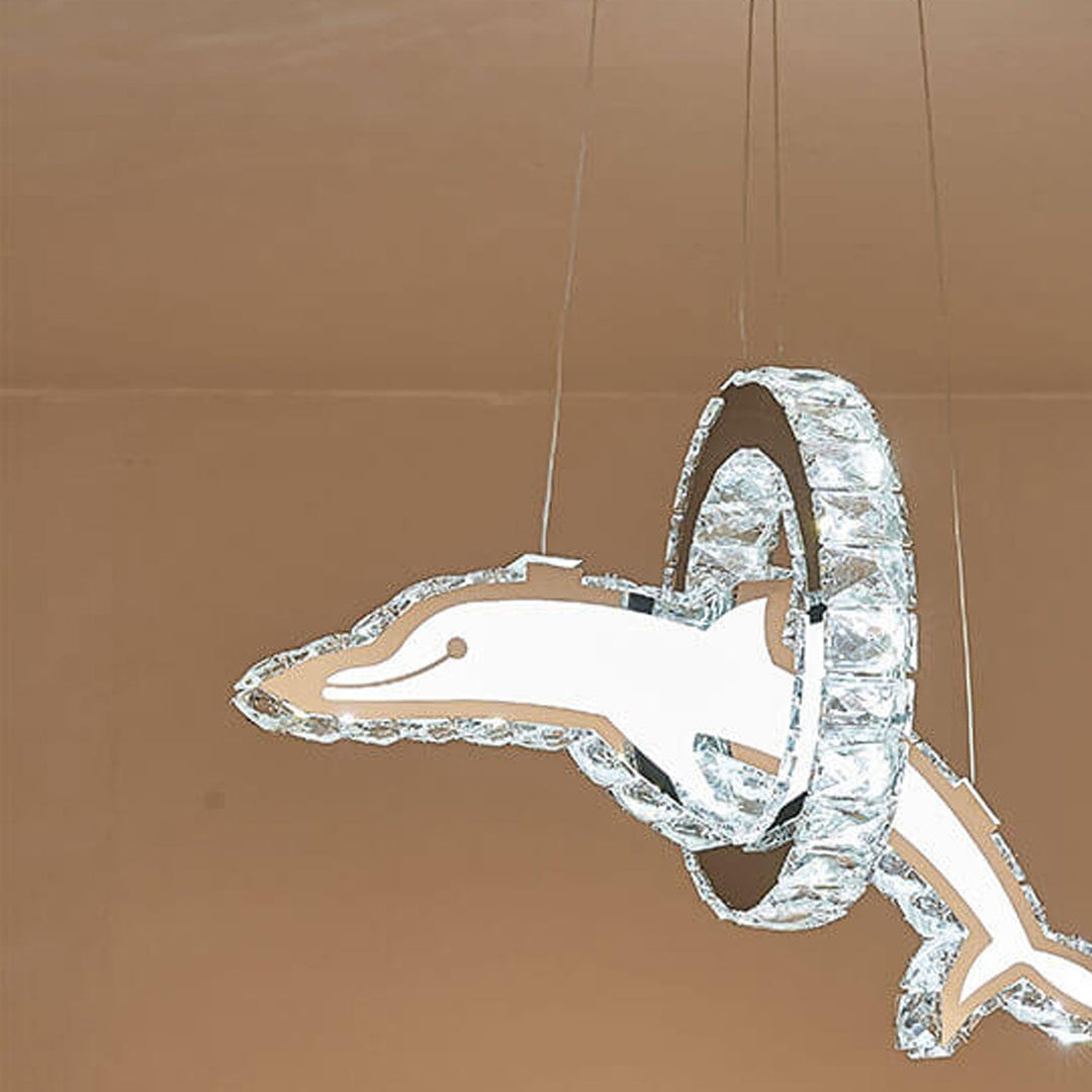 Moderner luxuriöser LED-Kronleuchter aus Kristall und Edelstahl im Delfin-Design für das Wohnzimmer 
