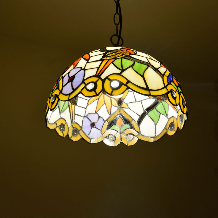 Lampe suspendue à 1 lumière en forme de dôme en verre teinté Tiffany Magpie Flower 