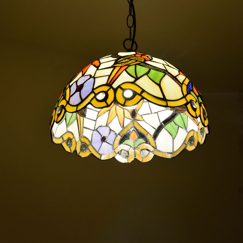 Tiffany Magpie Flower Stained Glass Dome 1-Light Pendant Light